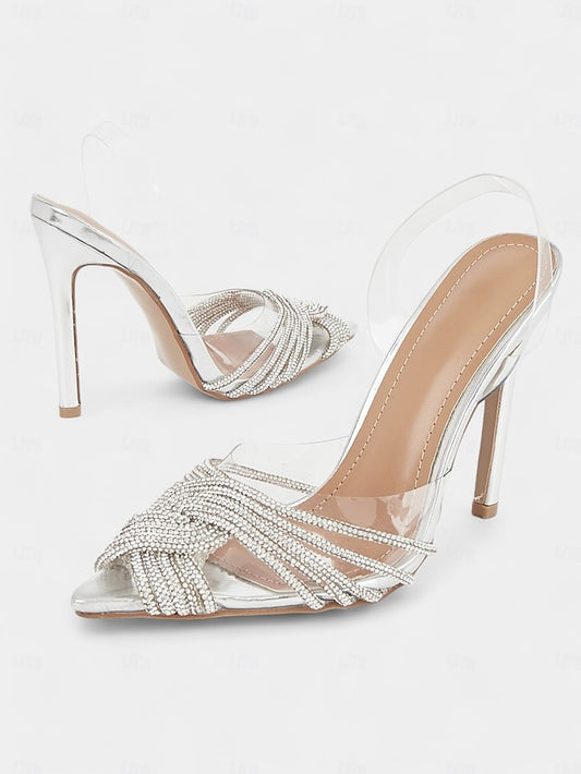 Transparent with Straps Sandals Silver Stiletto – Rhinestone