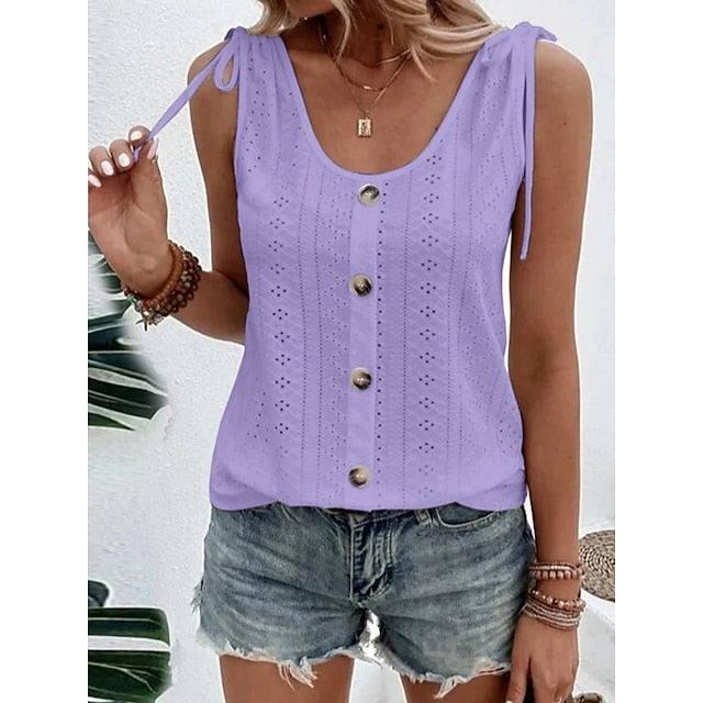 Women's Tank Top Eyelet Buttons Plain Fashion Stylish