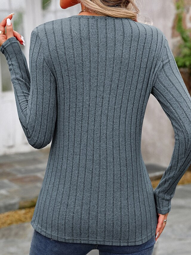 Women's T Shirt Buttons Solid Color Casual Long Sleeve Crew