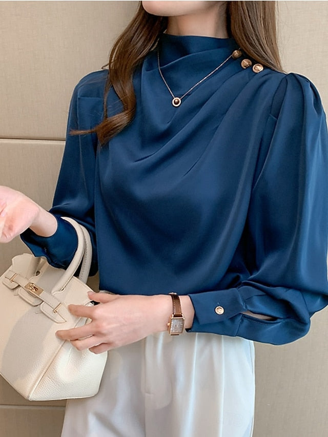 Women's Shirt Elegant Dressy Satin Top Buttons Solid Color