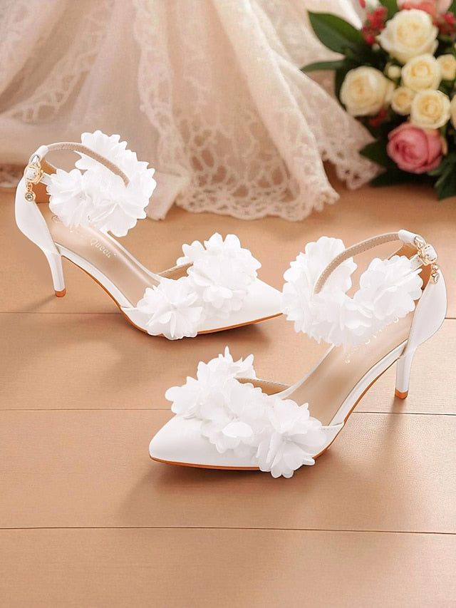 Pointed Floral Ankle Elegant - White Strap Women's Heels