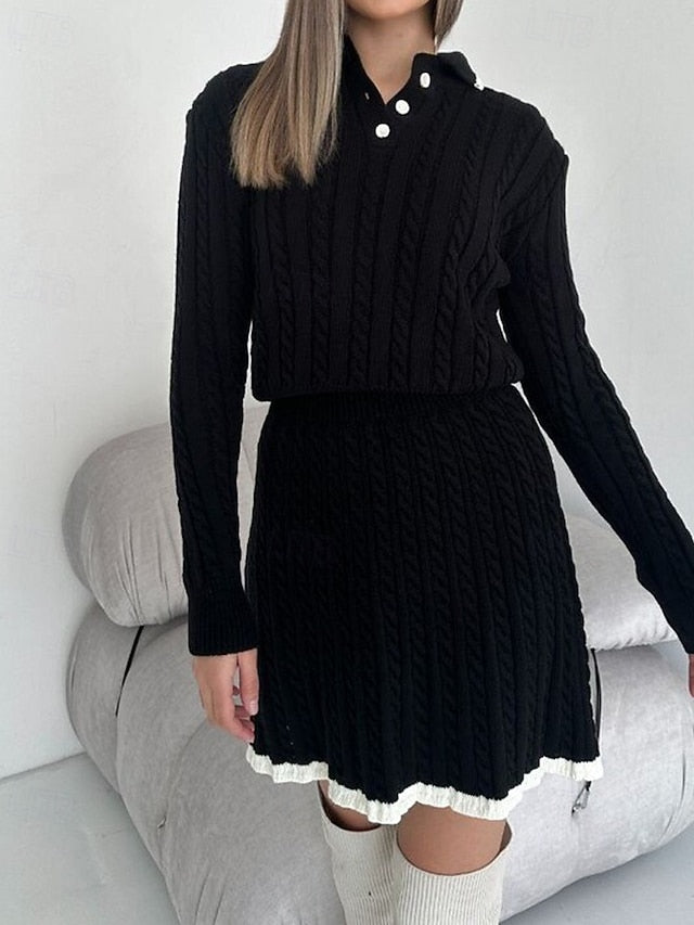 Women's Blouse Sweater Skirt Sets Long Sleeve Shirt Collar