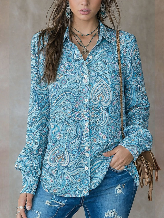 Women's Shirt Buttons Print Graphic Paisley Vintage Stylish