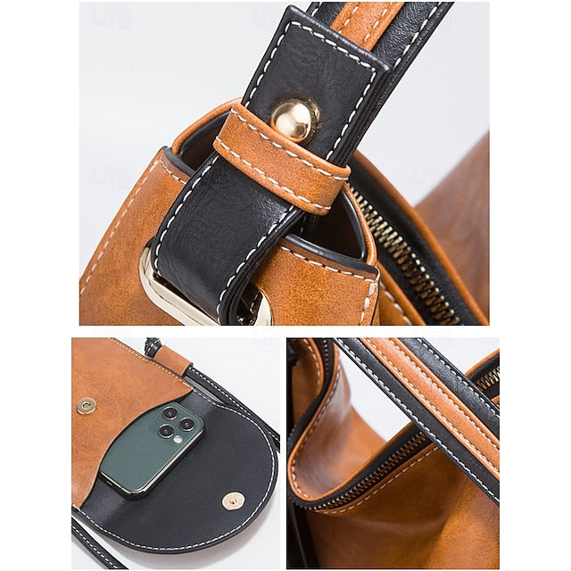 Faux Leather Shoulder 4-Piece Handbag Bag Women's – Set