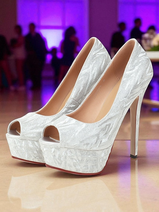 Peep-Toe Pattern Heels Women's Subtle Silver Platform with