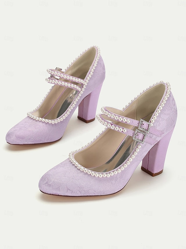 Heels Mary Jane Purple Pearl Lace - Women's Embellished