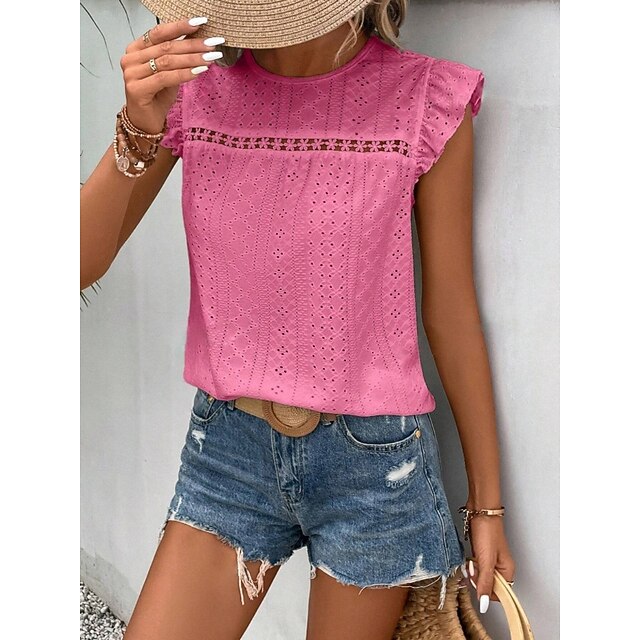 Women's T Shirt Tee Top Ruffle Eyelet Plain Fashion Stylish