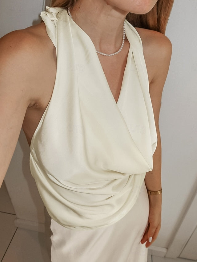 Women's Shirt Satin Shirt Blouse Sleeveless Shirt Backless