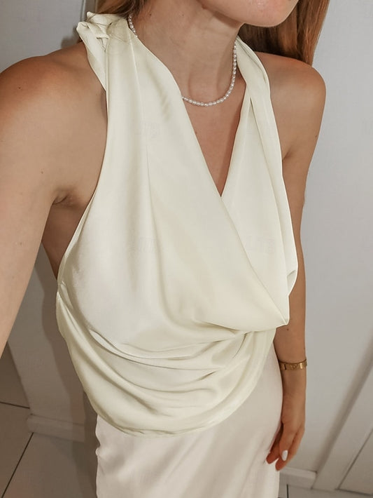 Women's Shirt Satin Shirt Blouse Sleeveless Shirt Backless