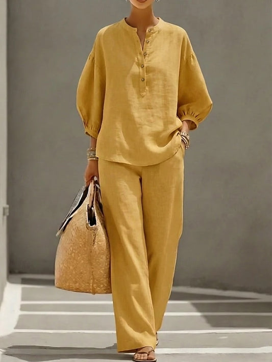 Women's Pants Sets 3/4 Length Sleeve Crew Neck Solid Color