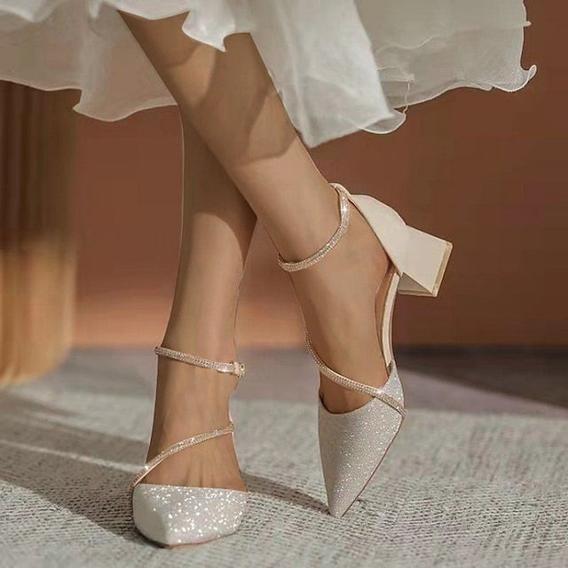 Pointed Ankle Block Toe Women's Heels Mesh Glitter with