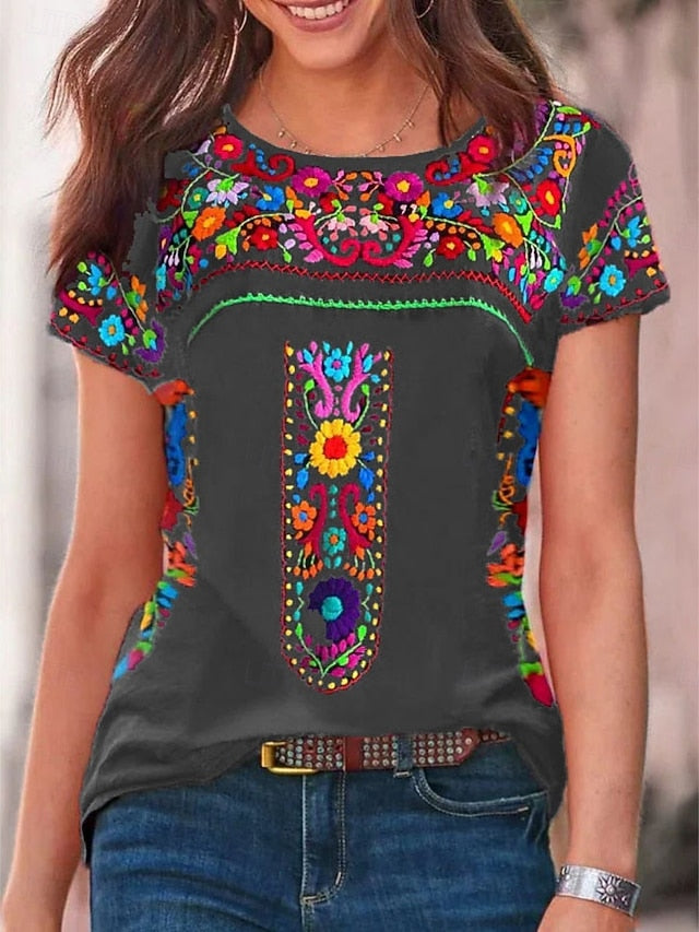 Women's T Shirt Peasant Blouse Floral Bohemia Active