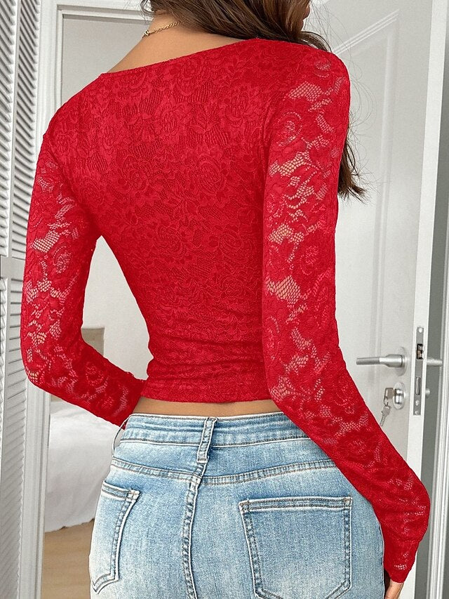 Women's Shirt Blouse Lace Patchwork Plain Stylish Sexy