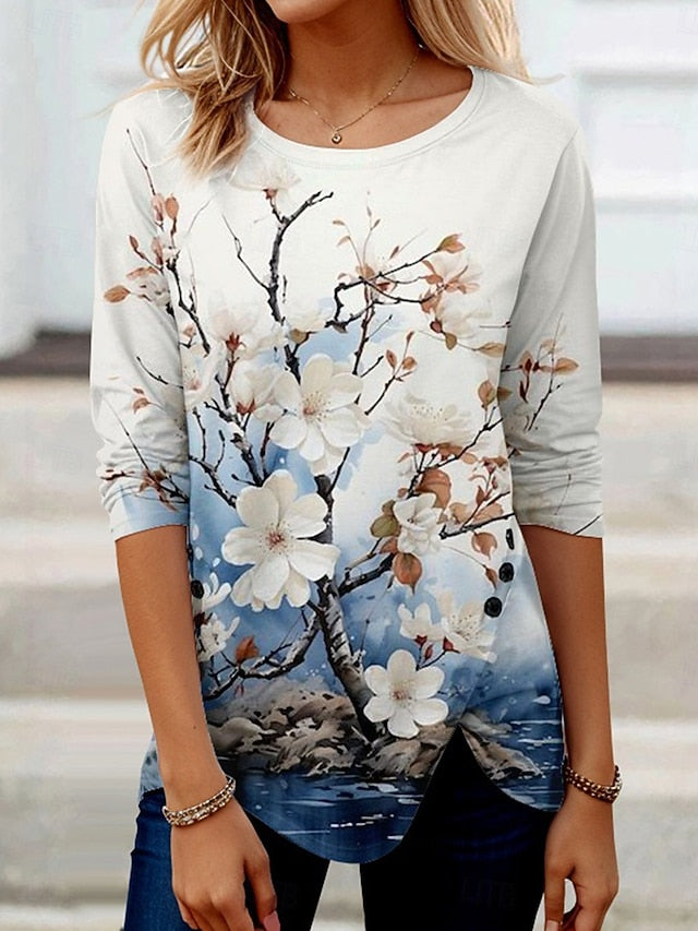 Women's T Shirt Buttons Print Asymmetrical Floral Graphic