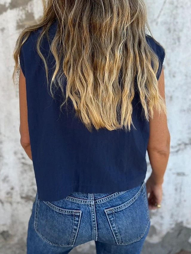 Women's Tank Top Sleeveless Shirt Pocket Buttons Plain