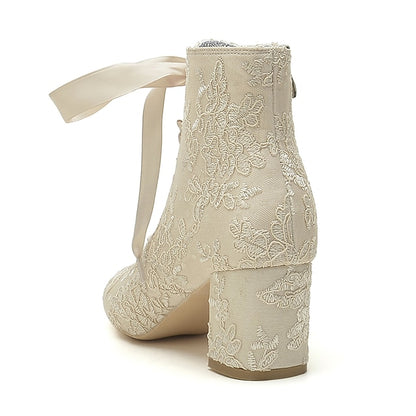 Women's White Floral Lace-Up Embroidered Booties Bridal –