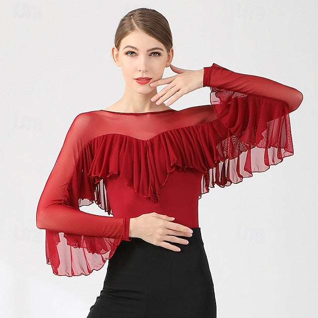 Women's Ballroom Dance Top Sheer Mesh Ruffle Batwing Sleeve