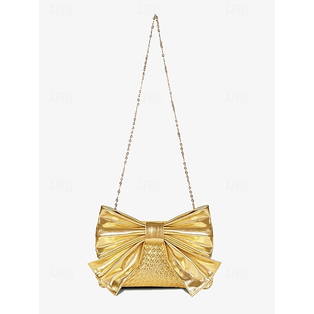 Oversized Faux Leather Bag Women's Clutch Bow with Gold