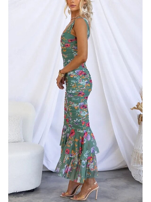 Women's Midi Dress Slip Dress Print Dress Ruched Dress