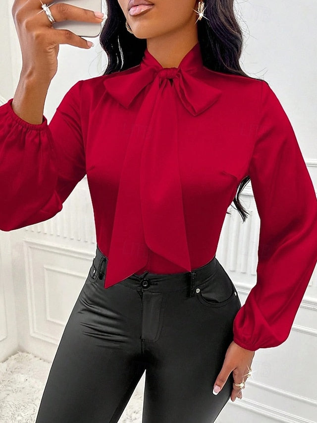Women's Shirt Elegant Dressy Satin Top Bow Solid Color