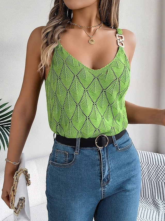 Women's Ribbed Knit Tops Tank Top Tee Top Metal buckle