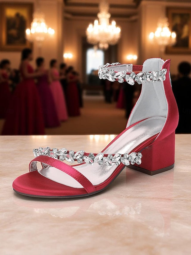 Satin Heel Block Sandals - Purple Women's Crystal