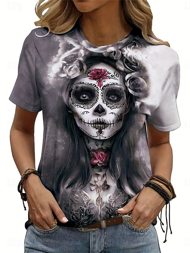 Women's T Shirt Skulls Tee Print Casual Short Sleeve Crew