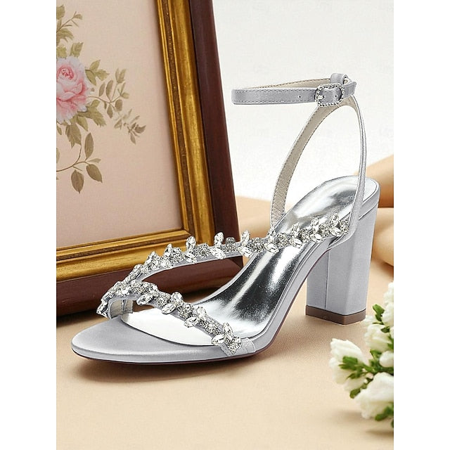 Rhinestone Women's Straps Block Heel - White Sandals with