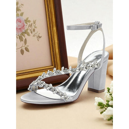 Rhinestone Women's Straps Block Heel - White Sandals with