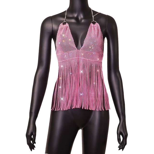 Metallic Backless Sparkle Camisole Body Chain Crop Tank Top