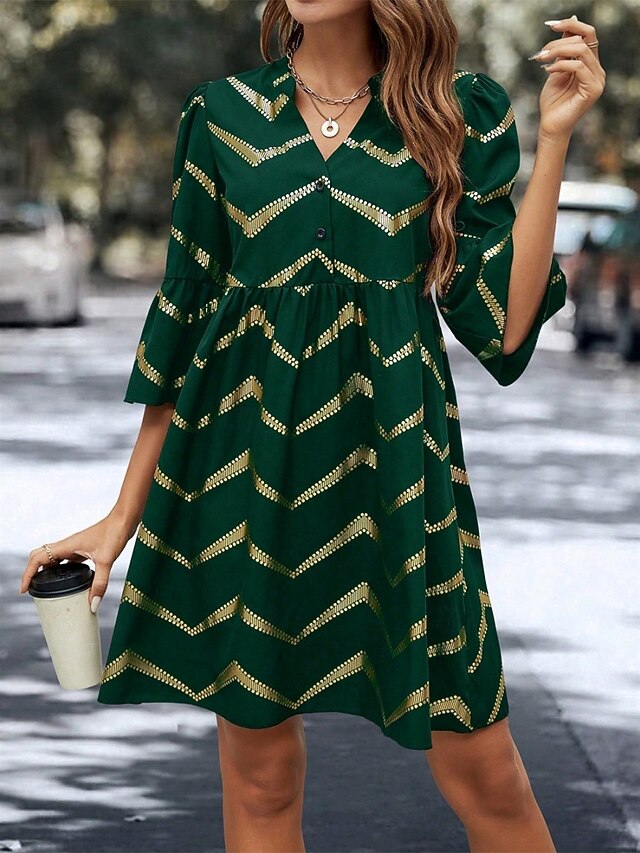 Women's Geometric Notched Neck Mini Dress 3/4 Length Sleeve