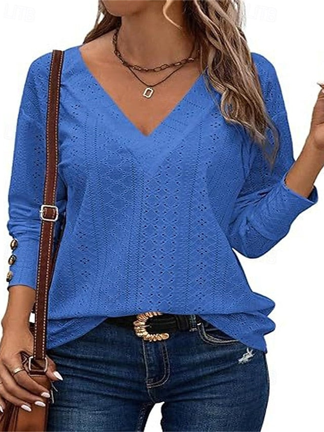 Women's T Shirt Lace Patchwork Eyelet Solid Color Elegant