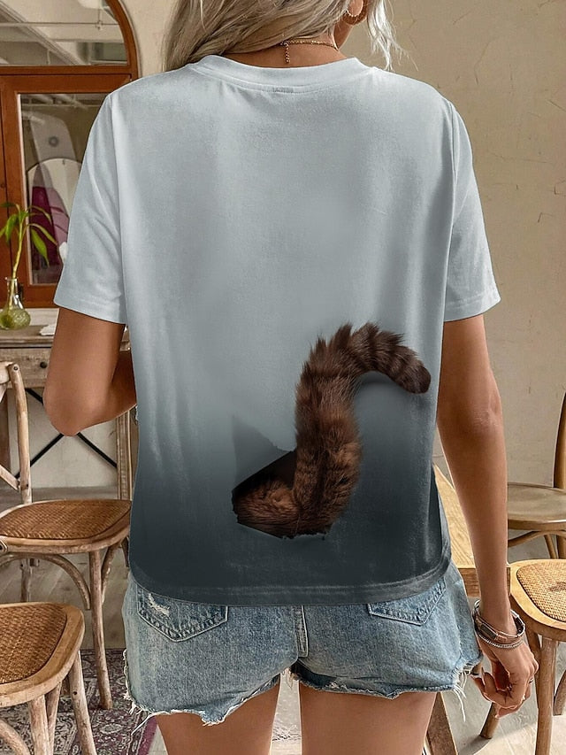 Women's T Shirt Fashion Cat Print Short Sleeve Regular Tops