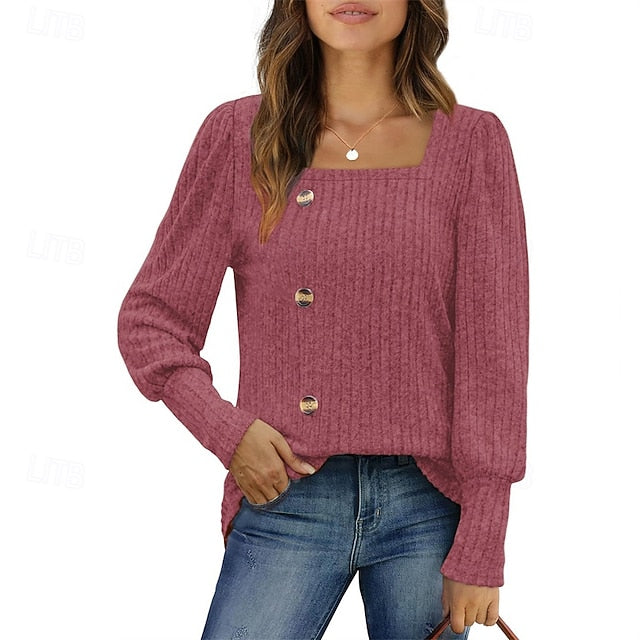 Women's Texture Blouse T Shirt Tee Top Buttons Plain