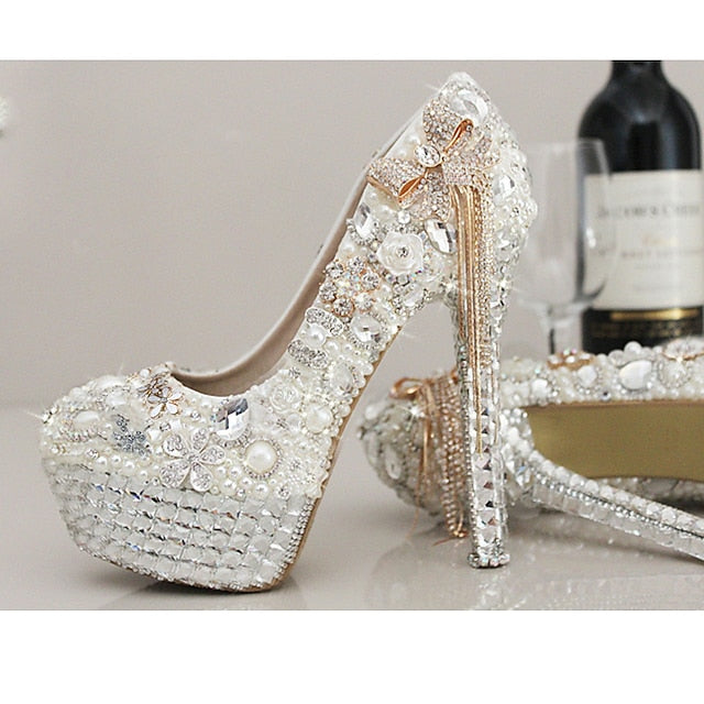 Rhinestone Embellished Platform White and Pearl Women's