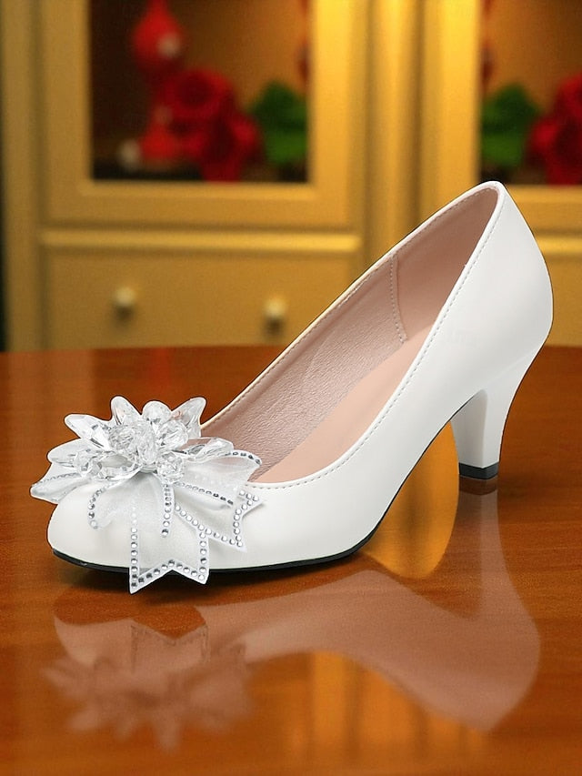 Crystal Shoes Women's Bow Low White Heel with Wedding