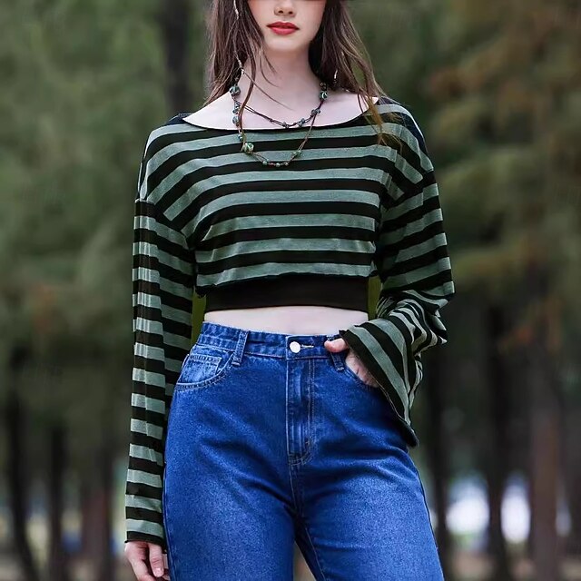 Fancy Goth Neck Punk Gothic Sweatshirt Boat Striped Girl