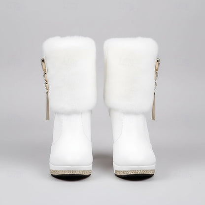 Ankle White Faux Boots - Rhinestone Fur Heels with Women's