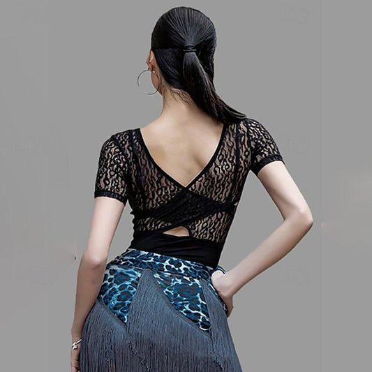 Latin Dance Ballroom Dance Top Lace Hollow-out Pure Color