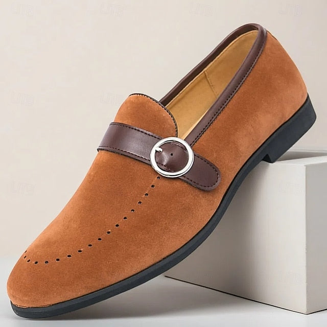 Loafers Buckle Slip-On Strap Brown Suede with Faux Men's