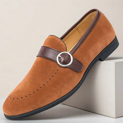Loafers Buckle Slip-On Strap Brown Suede with Faux Men's