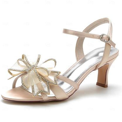 Kitten Detail Sandals with Bridal Heel Luxury Rhinestone Bow –