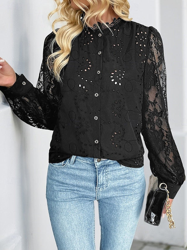 Women's Casual Shirt Button Up Shirt Blouse Lace Eyelet