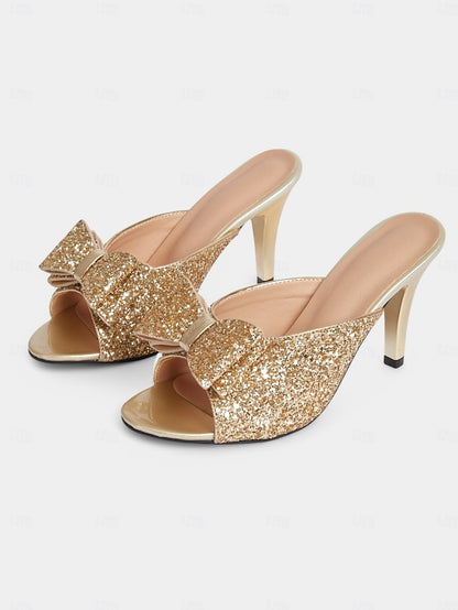 Mules Stiletto Party Gold Glitter Bow – Women's Glamorous
