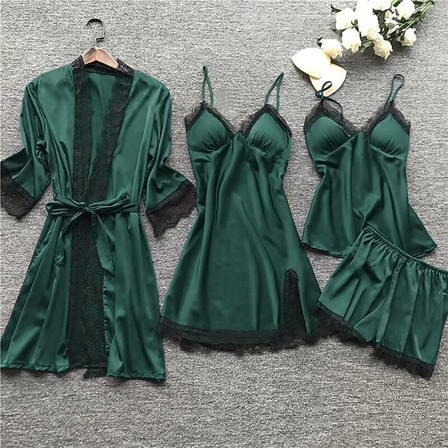 Women's Lace Satin Silk Pajamas Sets 4 Pcs Home Party Daily