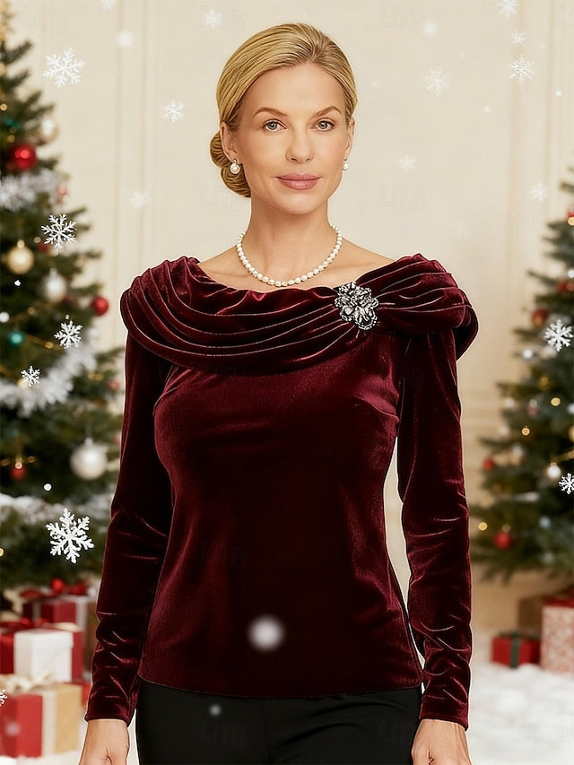 Christmas Women's Dressy Tops Velvet Elegant Long Sleeve