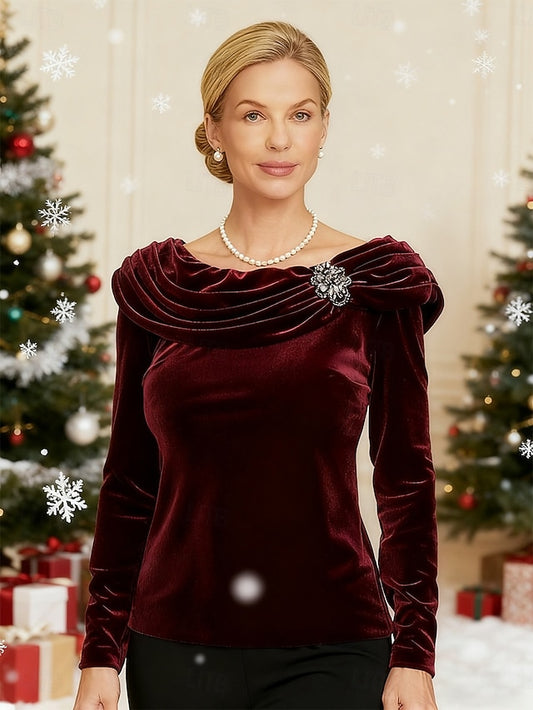 Christmas Women's Dressy Tops Velvet Elegant Long Sleeve