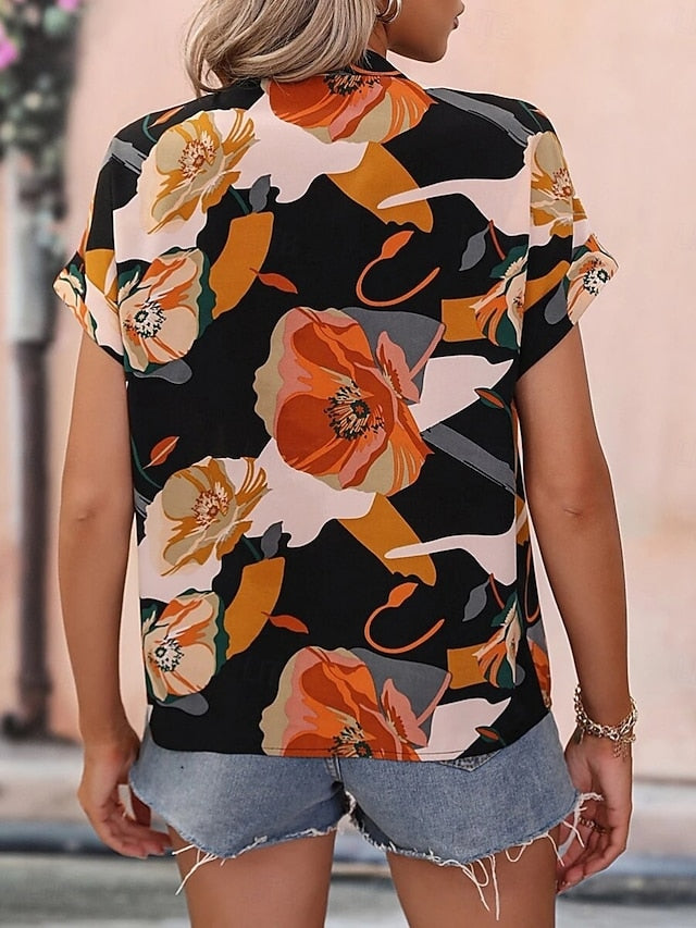 Women's Blouse Print Floral Stylish Casual Short Sleeve V