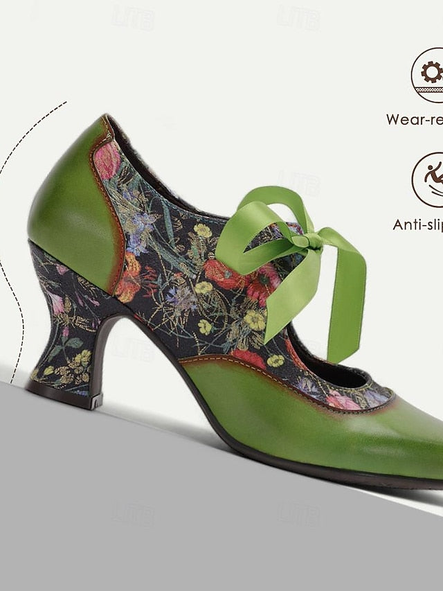 Jane Leather Women's with Floral Green Mary Heels Print
