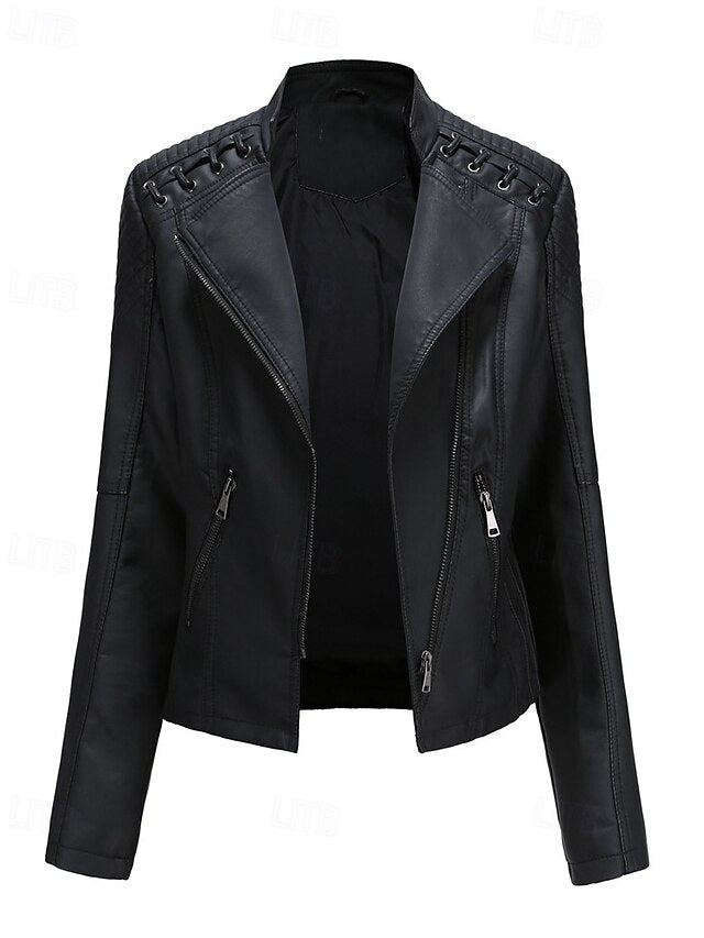 Pocket Leather Jacket Comfortable Faux Zipper Women's